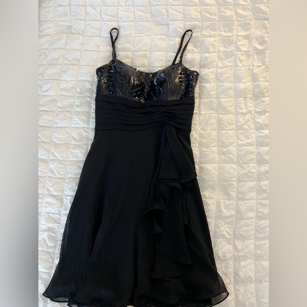 Dave & Johnny mini black dress sparkly top ruffle front